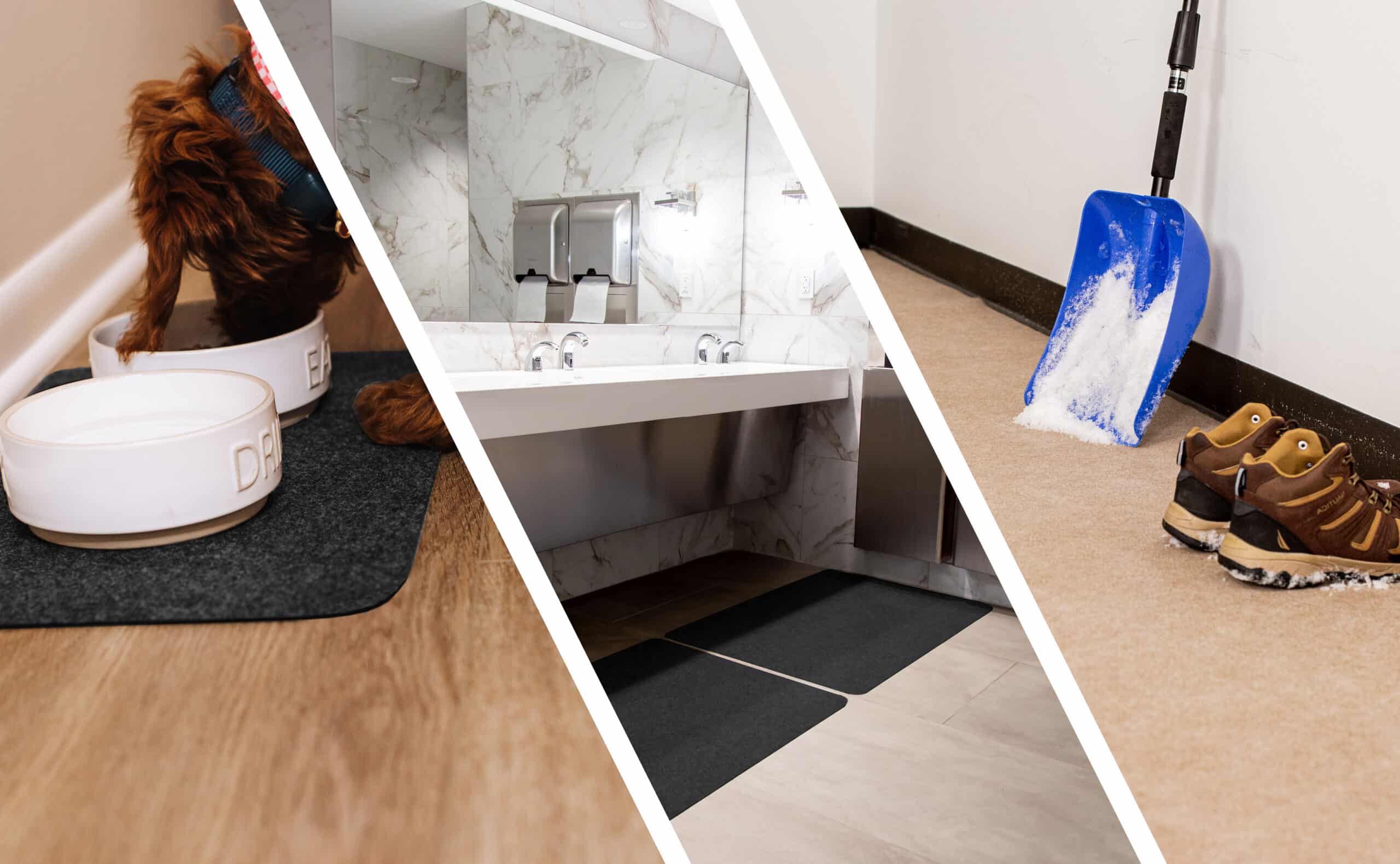 Collage of G-Floor Drip and Dry absorbent mats in use
