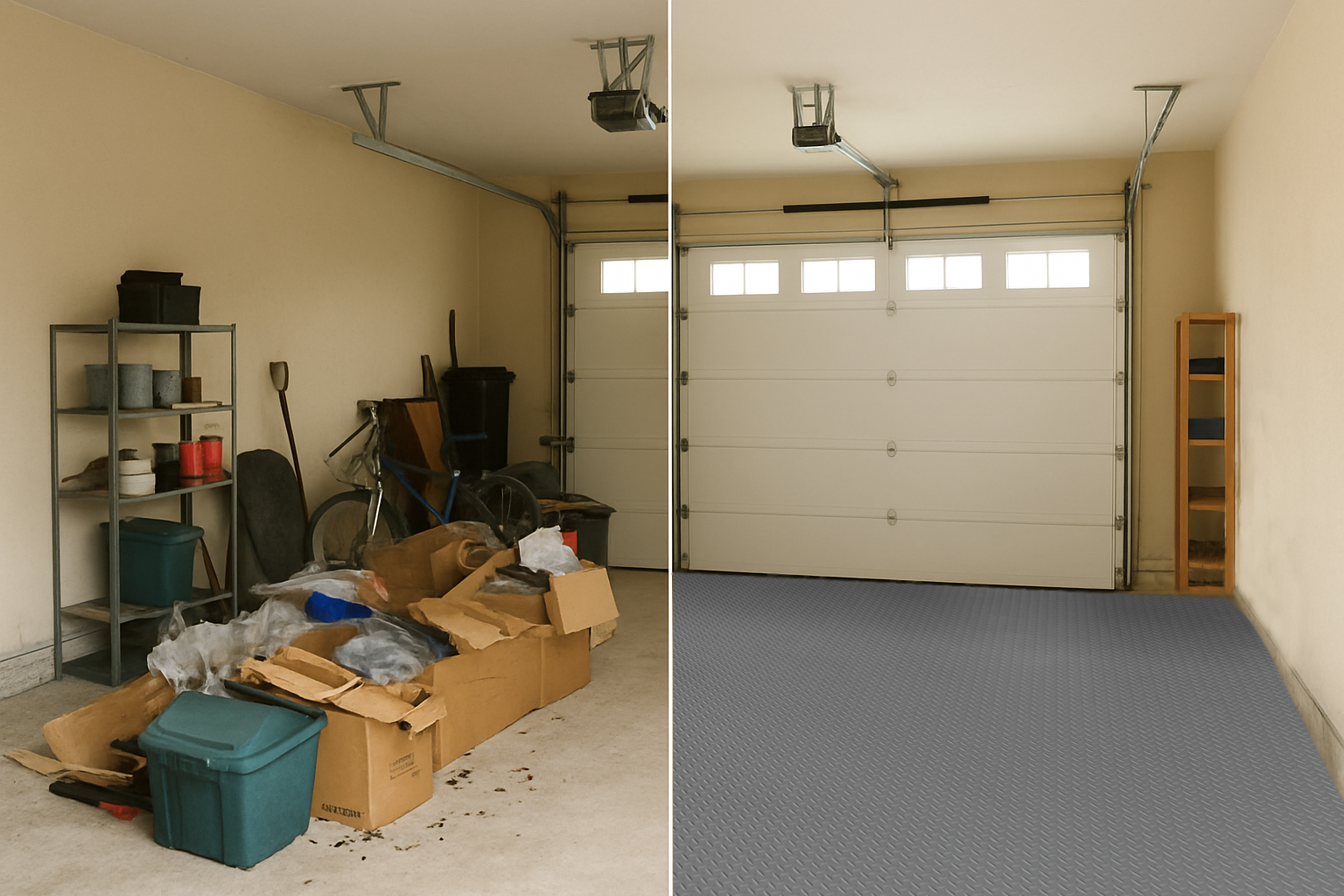before and after image of a cluttered garage