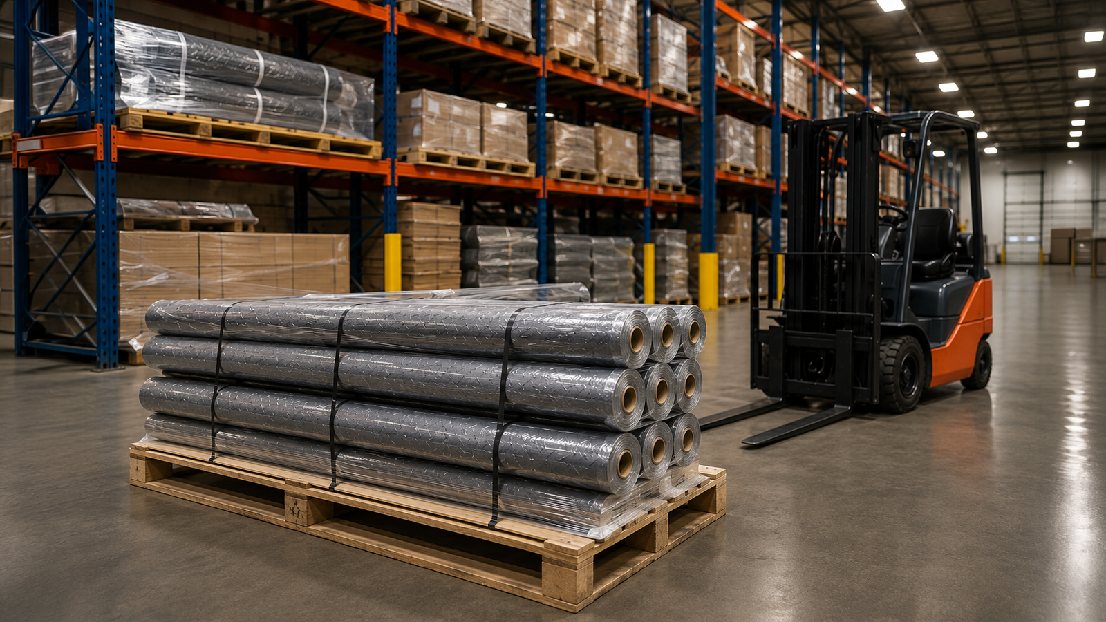 vinyl-flooring-rolls-stacked-on-pallet-in-warehouse-with-forklift