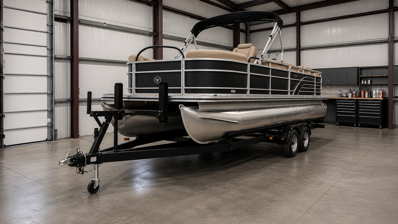 pontoon-boat-stored-inside-garage-with-marine-flooring-workspace