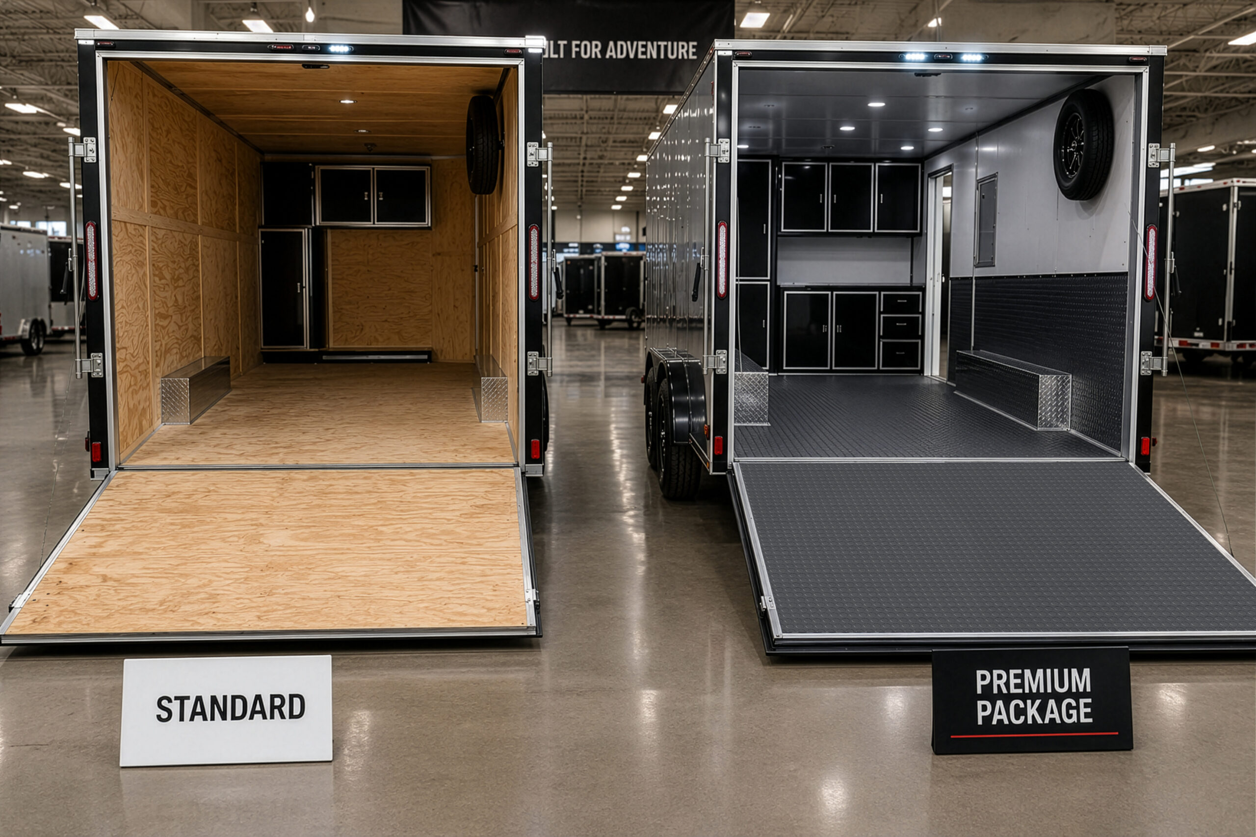 side-by-side standard and premium enclosed cargo trailer interiors with flooring and storage upgrades