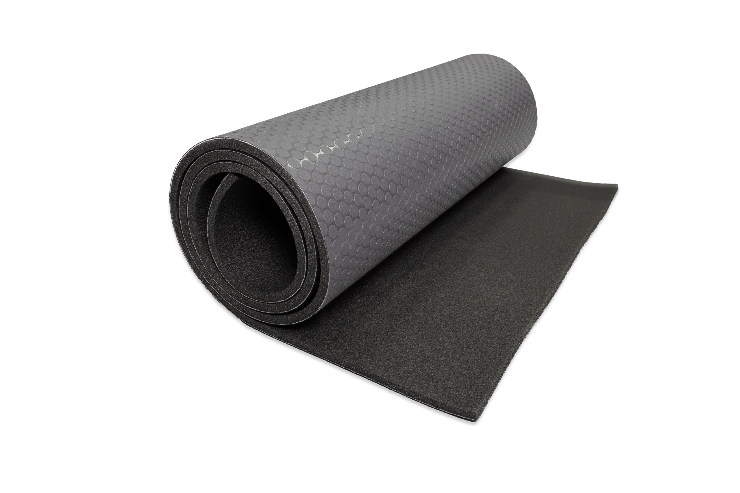 Rolled gray cushioned vinyl flooring with a black foam backing