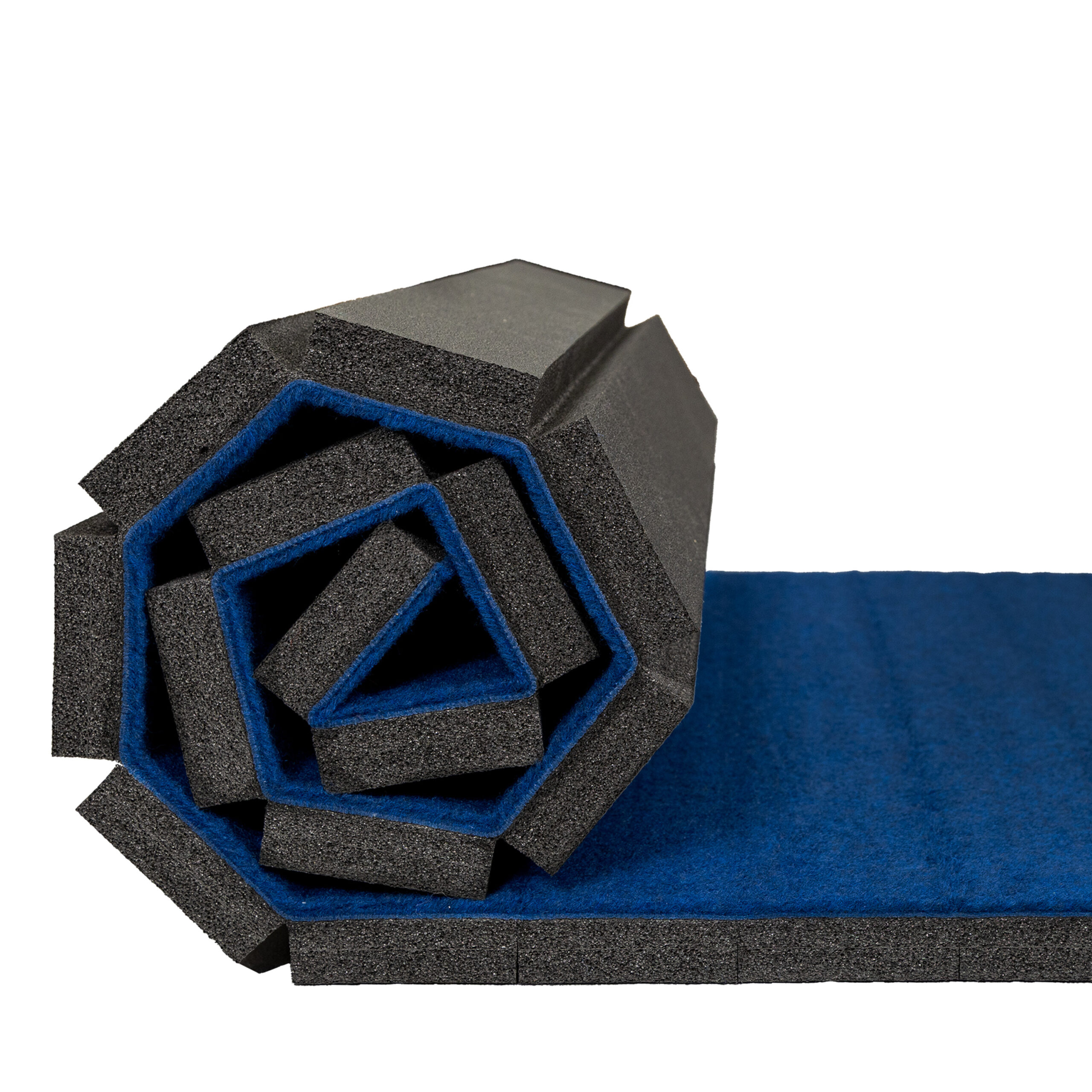Rolled blue Carpet Bonded Foam flooring showing its cushioned foam backing